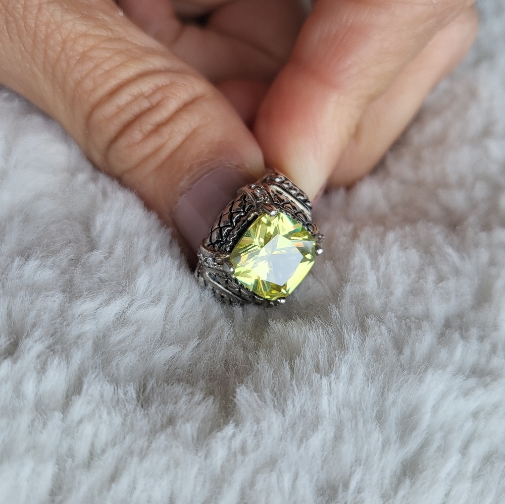 Statement Sterling Silver Ring With Lime Sparklin… - image 6